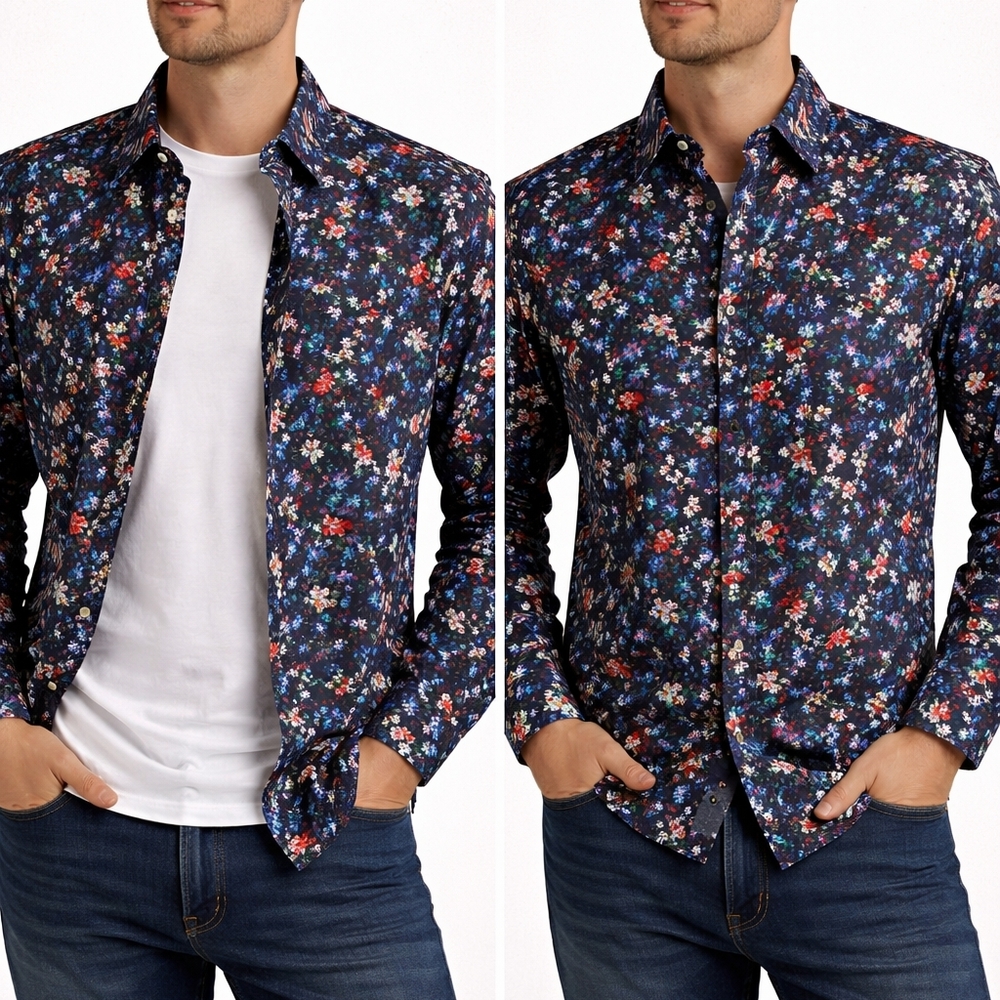 Men's Navy Floral Cotton Button-Down Shirt